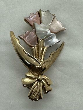 Gold-Tone Floral Bouquet Brooch with Pink and White Enamel Flowers